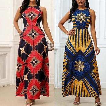 2022 Африканская Одежда для Женщин с Принтом Дашики Европейские Платья Bazin Rich Без Рукавов С Круглым Вырезом Maxi Vestido Плюс Размер