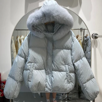 2023 Женская зимняя мода, куртки на белом утином пуху, женские пальто с капюшоном с настоящим большим меховым воротником, женские Короткие свободные пальто