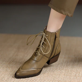 2023 Новые зимние женские ботинки с острым носком, женская обувь на не сужающемся книзу массивном каблуке, короткие ботинки в стиле вестерн в стиле ретро, ботильоны из натуральной кожи