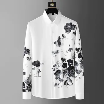2023 Осенняя мужская рубашка с 3D леопардовым цветочным принтом, Тонкие Повседневные рубашки с длинным рукавом, Высококачественная деловая рубашка для банкетов и вечеринок.