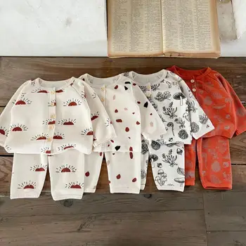2023 Пижамный комплект AncoBear для детей, младенцев, хлопковый кардиган с принтом в клетку Walf + Длинные брюки, Детская Повседневная Свободная одежда для сна