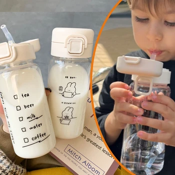 350 мл Детские бутылочки для воды без BPA Мультяшная бутылка для воды с откидной крышкой с соломинкой Портативная герметичная бутылочка на открытом воздухе
