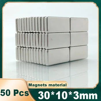 50 шт Прямоугольный магнитный блок NdFeB, неодимовый магнит, супер мощный постоянный магнитный магнит 30*10*3 магнитный магнит с полосой мм
