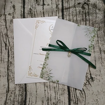 50X Приглашения на свадьбу с зелеными листьями, украшенные лентой и стразами, Прозрачные открытки с цветочным принтом для вечеринки в честь дня рождения в душе ребенка