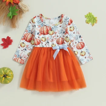 Citgeett Осеннее детское платье для девочек на Хэллоуин из многослойного тюля с принтом тыквы, платье с длинными рукавами, осенняя повседневная одежда, платье принцессы