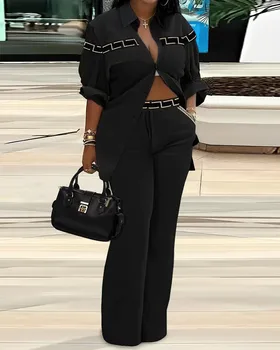 Felyn 2023, Новый Модный Элегантный Стиль, Женский комплект из 2 предметов, блузка с принтом и Широкие брюки, Повседневные Эластичные наряды