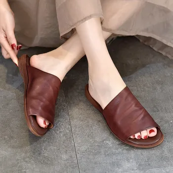 Johnature 2023 Новые Летние Уличные тапочки, женские шлепанцы из натуральной кожи в стиле Ретро, универсальная обувь ручной работы на плоской подошве с открытым носком