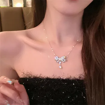 Kpop Gothic Y2K Ожерелье с подвесками из прозрачного хрусталя с Бантом для женщин Egirl Wedding Jewely Gift e861