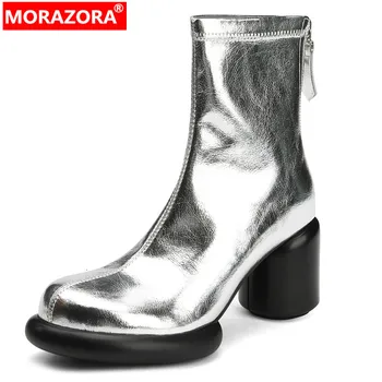 MORAZORA 2023, Новые лаконичные ботильоны из натуральной кожи, зимние ботинки на молнии и высоком круглом каблуке, женские современные ботинки на платформе