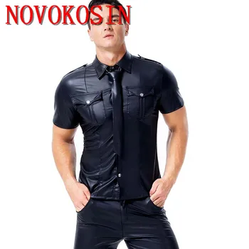 S-2XL, черная искусственная кожа, большие размеры, мужские сексуальные топы для ночного клуба, футболки, обтягивающие рубашки с короткими рукавами на мотоцикле DS с карманом на пуговице