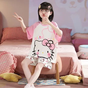 Sanrio Kawaii Hello Kitty Kuromi MyMelody Cinnamoroll Детская Одежда Для Сна Летние Пижамные Комплекты Для Родителей и Детей С Коротким Рукавом В Подарок