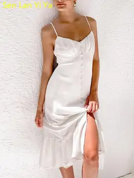 Sen Lan Yi Ya Новые Летние Повседневные Белые хлопчатобумажные платья для женщин 2023, модные Сексуальные топы-слипы с рюшами, Свободные длинные платья с разрезом