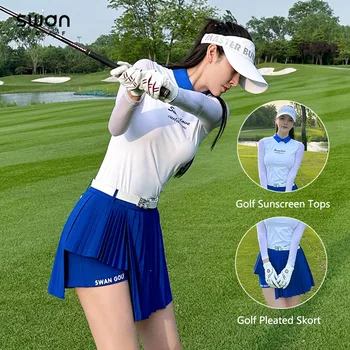 SG Женская тонкая охлаждающая одежда для гольфа, Солнцезащитная футболка с длинными рукавами, плиссированная юбка с высокой талией и внутренними шортами, комплекты для гольфа-кюлоты