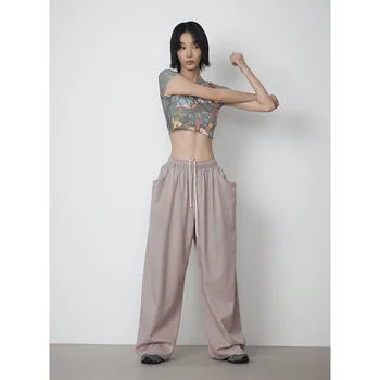 [Shi Shi] Летние Новые Повседневные брюки Унисекс на шнурке Для мужчин и Женщин Cool Feel Tian Si Из Хлопка С широкими штанинами V4494
