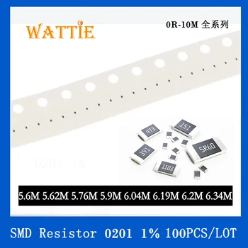 SMD резистор 0201 1% 5,6 М 5,62 М 5,76 М 5,9 М 6,04 М 6,19 М 6,2 М 6,34 М 100 шт./лот микросхемные резисторы 1/20 Вт 0,6 мм *0,3 мм