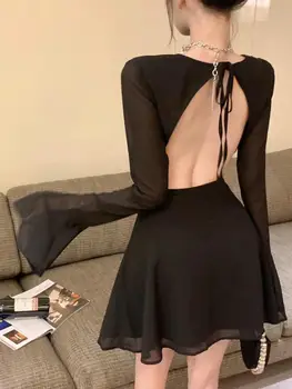 Y2k Черное сексуальное клубное платье, женские винтажные элегантные вечерние платья с длинным рукавом и круглым вырезом без спинки, женские тонкие элегантные