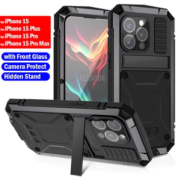 Алюминиевая Металлическая Крышка для iPhone 15 Pro Max 14 Plus Case Armor Protection Stand Передняя Стеклянная Крышка для iPhone 15 14 13 12 Mini