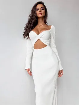 Белое платье с длинными рукавами, завернутое в грудь, с высокой талией, тонкое платье, юбка до колена, платья из ребристой ткани для женщин, осенние платья