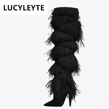 Брендовые женские ботинки с перьями, осенне-зимние вечерние пикантные сапоги до колена на высоком каблуке с перекрестной завязкой и острым носком из страусиных перьев