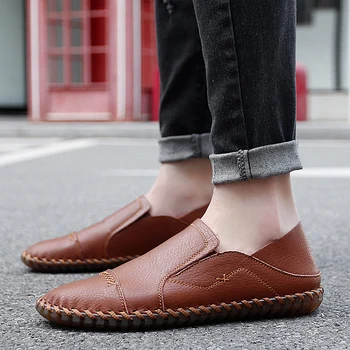 Весенне-осенние кожаные ботинки для мужчин большого размера, нескользящие, эластичные, повседневные, износостойкие, удобная обувь на плоской подошве