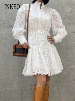 Винтажное кружевное платье-рубашка с вышивкой Белое высококачественное Мини-платье с пышными рукавами Для женщин 2023 Лето Осень Мода vestidos 3D057