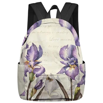 Винтажные студенческие школьные сумки с фиолетовым ирисом, ноутбук, рюкзак на заказ для мужчин, женщин, женские дорожные сумки Mochila