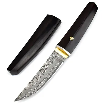 Дамасский походный нож, портативный нож для фруктов, ручка из черного дерева