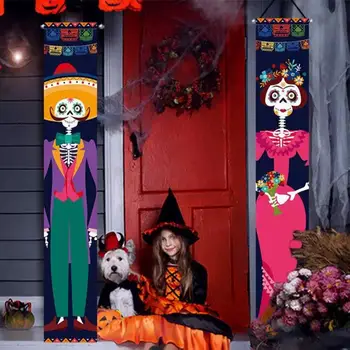 День мертвых, развешанные флаги, развешанный дверной занавес, баннер, пара скелетов, куплет, украшения для вечеринки на тему Хэллоуина, принадлежности