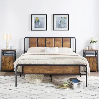 Деревянный спальный гарнитур из 3 частей, каркас кровати + 2 прикроватные тумбочки, металлическая платформа с изголовьем