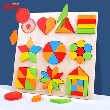 Детские игрушки Монтессори Геометрическая форма, игры на познание цвета, деревянная математическая вырезанная пластина, доска-головоломка, развивающие игрушки для обучения детей