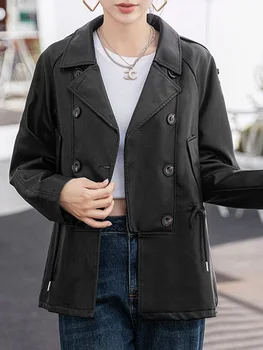 Женская куртка из искусственной кожи с завязками 2023, Осень-зима, Дизайнерская Модная Классическая Ветрозащитная куртка, Двубортная Однотонная одежда