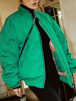 Женская куртка Модная На Молнии, Свободная Зеленая Куртка-Бомбер, Университетские Куртки, Зимние Хлопковые Теплые Бейсбольные Парки, Пальто, Уличная Одежда