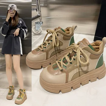 Женская обувь с высоким берцем, осень 2023, Новая корейская версия, бисквитный торт в тон, Спортивная обувь на толстой подошве, повседневная обувь в стиле ретро