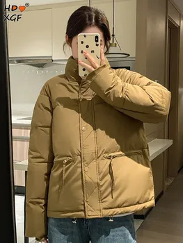 Женская однотонная Короткая пуховая куртка большого размера, Корейская мода, воротник-стойка, карман на молнии, Зимние пальто, Темпераментные Простые парки