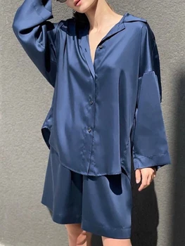 Женская пижама Linad Blue, комплекты из 2 предметов, Свободная пижама с длинным рукавом, Женские повседневные костюмы с шортами, летняя пижама 2023 года.