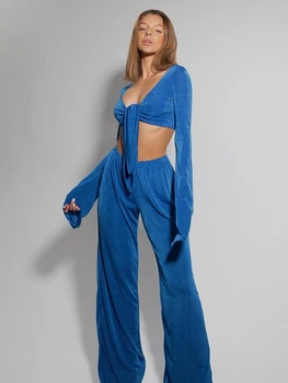 Женская трикотажная пижама Linad, комплекты из 2 предметов, укороченный топ с V-образным вырезом и длинным рукавом, свободные женские брючные костюмы, Осенняя пижама