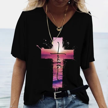 Женская футболка Jesus Christ, Хлопковый Пуловер С V-образным вырезом, Одежда в стиле Харадзюку, Летняя Негабаритная Рубашка С Коротким Рукавом, Женская Повседневная Блузка