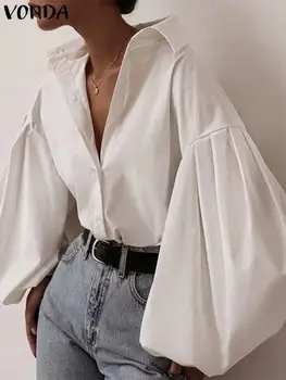 Женская элегантная рубашка 2023 VONDA, Повседневная блузка с отложным воротником, женский Сексуальный свободный топ с глубоким V-образным вырезом и длинным рукавом-фонариком, женские блузы