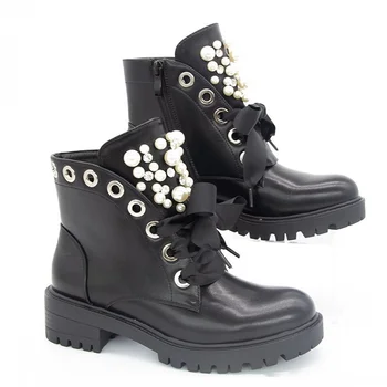 Женские ботильоны с жемчугом, осенне-зимняя женская обувь, мотоциклетные ботинки на платформе из искусственной кожи, женские короткие ботинки на шнуровке, плюс размер 42
