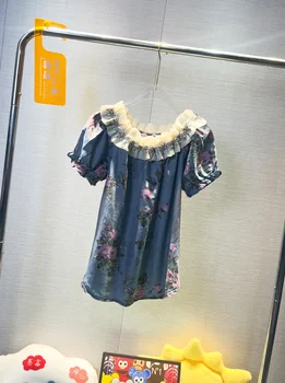 Женские джинсовые рубашки в стиле ретро с вырезом лодочкой, Новинка 2023 года, летний пуловер с бриллиантами и оборками, Пышный топ с коротким рукавом, Свободные блузки с цветами