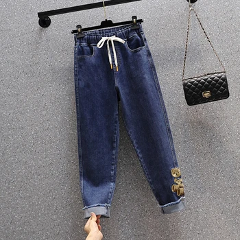 Женские джинсы с вышивкой на манжетах большого размера, эластичный пояс, шаровары длиной до щиколоток, женские свободные повседневные женские брюки