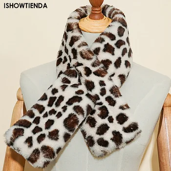 Женские зимние утепленные шарфы с леопардовым принтом, искусственный мех кролика, плюшевый шарф с перекрестным воротником, шаль, Элегантный теплый Мягкий удобный шарф