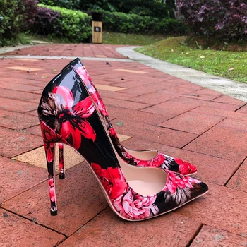 Женские модные вечерние модельные туфли с острым носком и цветочным принтом на высоком каблуке 8 см 10 см 12 см, Пикантные лакированные туфли-лодочки на шпильке