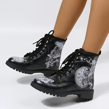 Женские противоскользящие армейские ботинки в готическом стиле, мотоциклетные туфли на блочном каблуке с круглым носком на шнуровке