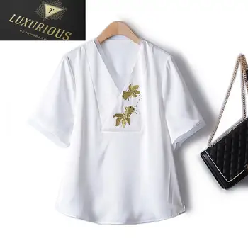 Женские рубашки На лето 2024, новая мода, вышитые цветы, этническая атласная драпировка с V-образным вырезом, тонкая одежда Kawaii, футболка оверсайз