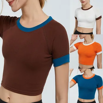 Женские спортивные укороченные шорты с круглым вырезом, топ с короткими рукавами, блузка для занятий йогой в тренажерном зале, футболка для бега.