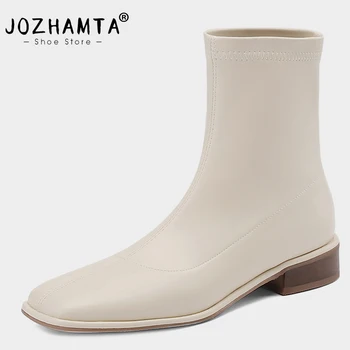 Женские эластичные ботинки JOZHAMTA, размер 34-40, Зима 2023, женские ботильоны на массивном каблуке с квадратным носком в стиле ретро, эластичные пинетки