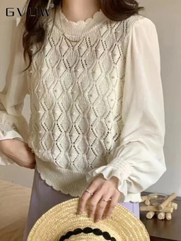 Женский вязаный свитер в стиле пэчворк с цветочным рисунком, вязаный свитер в стиле пэчворк, с круглым вырезом и длинным рукавом, Осень 2023, Новый элегантный пуловер 17G1953