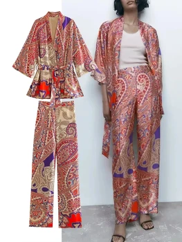 Женский комплект из 2 предметов, модная рубашка в стиле кимоно с принтом, прямые брюки, повседневный комплект свободного кроя