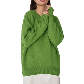 Женский повседневный свободный однотонный вязаный свитер с круглым вырезом, свитер из полиэстера с длинными рукавами